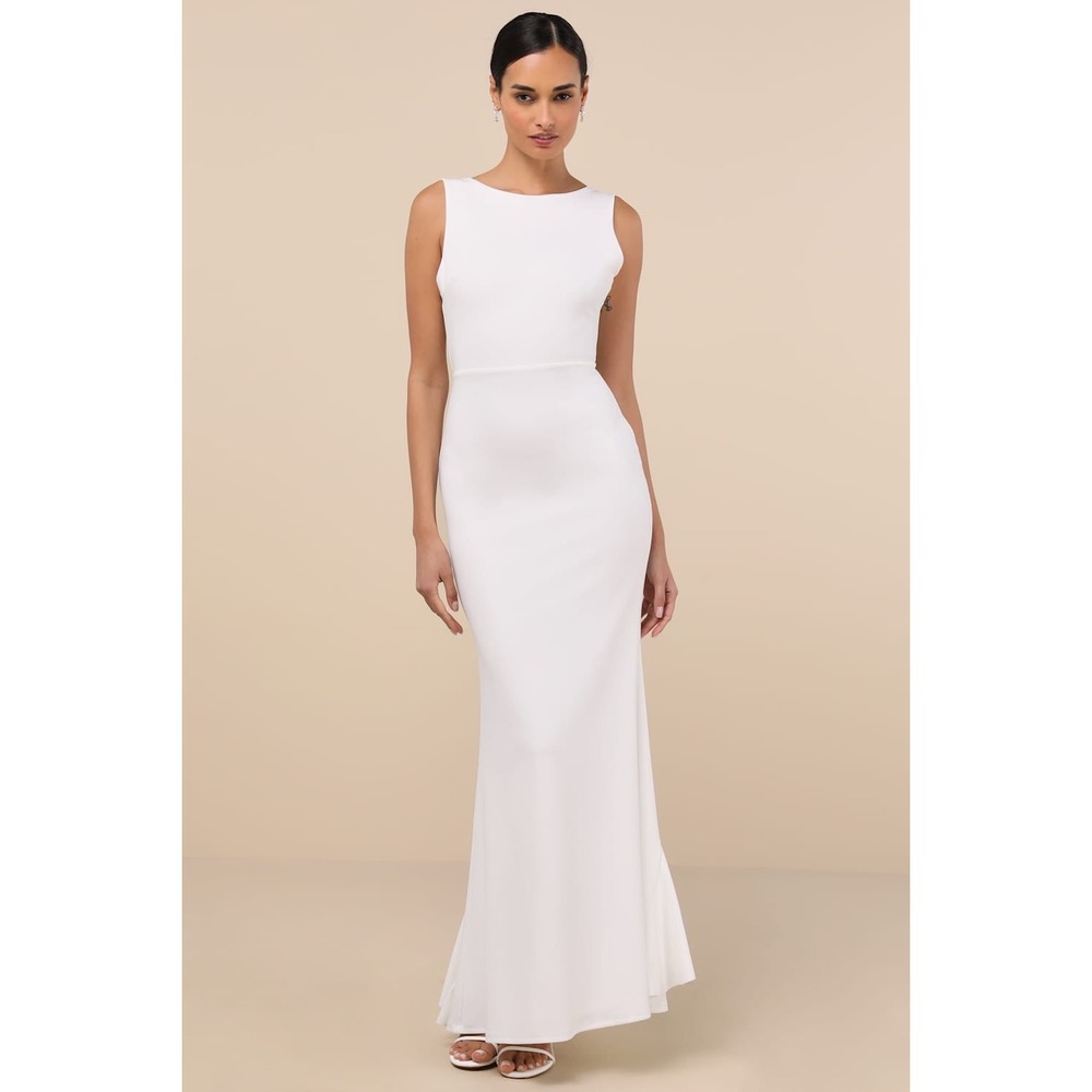 Lulus White Open Back Bow Ruffle Gown Sleeveless Boat Neck Formal Bridal Dress
